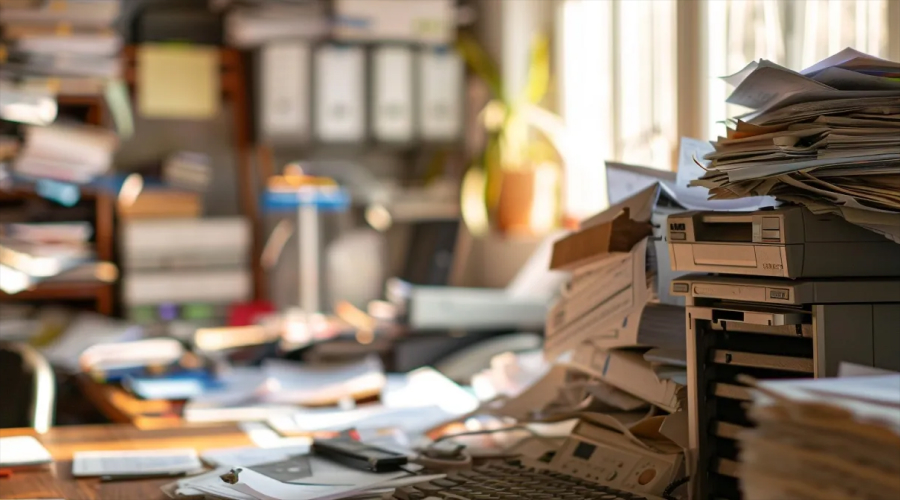 The image shows a cluttered traditional fax machine setup, illustrating the need for cost-effective solutions